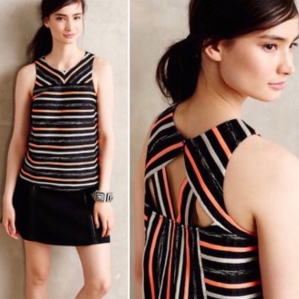 HD in Paris Black Striped Sleeveless Top with Coral and White Accents